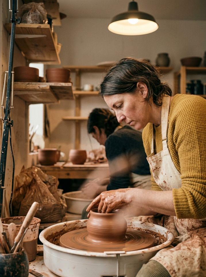 Ceramista trabajando en el torno en su taller